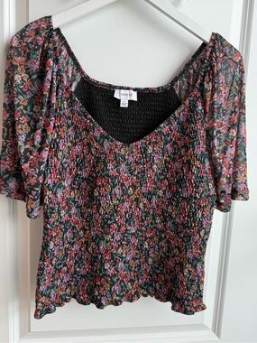 Evereve Smocked Floral Blouse Top Bohemian Preppy Cottagecore Large Stretchy